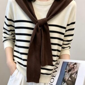 Chic Cream Striped Knit Sweater with Chocolate Brown Shoulder Wrap
