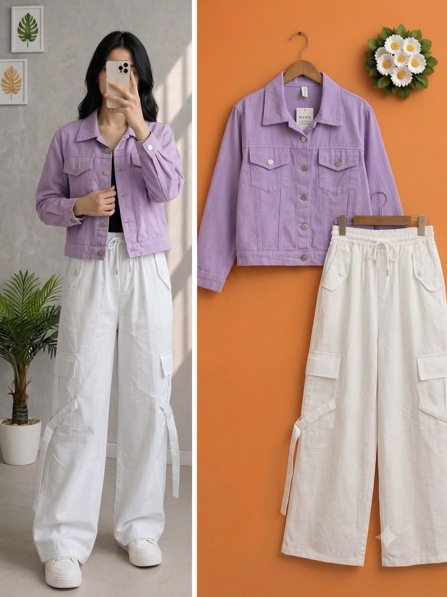 Pastel Lilac Cropped Denim Jacket & White Cargo Pants Set
