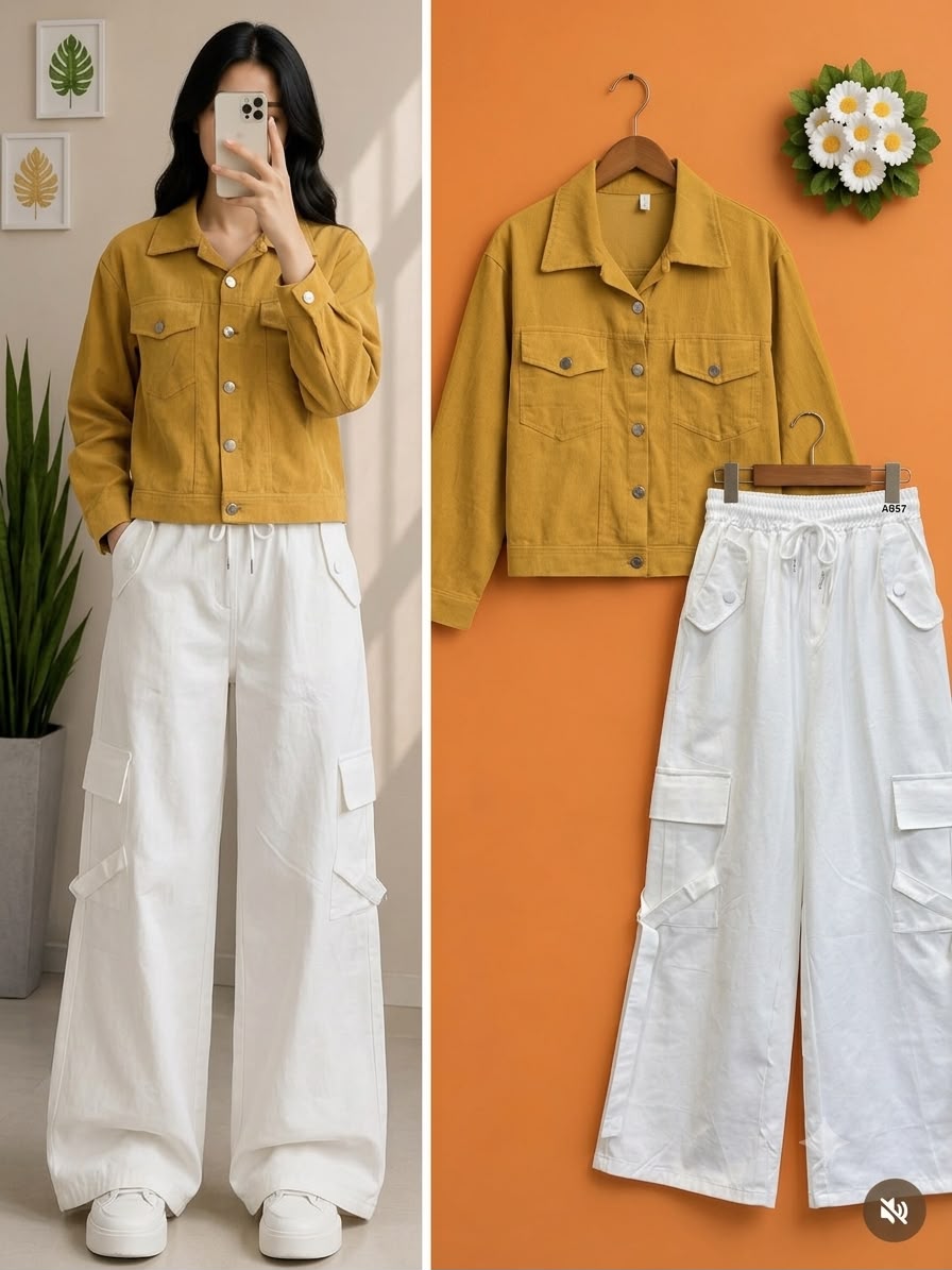Pastel Lilac Cropped Denim Jacket & White Cargo Pants Set - Image 3