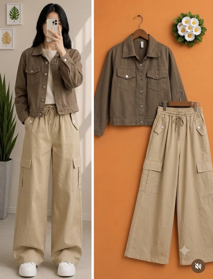 Pastel Lilac Cropped Denim Jacket & White Cargo Pants Set - Image 4