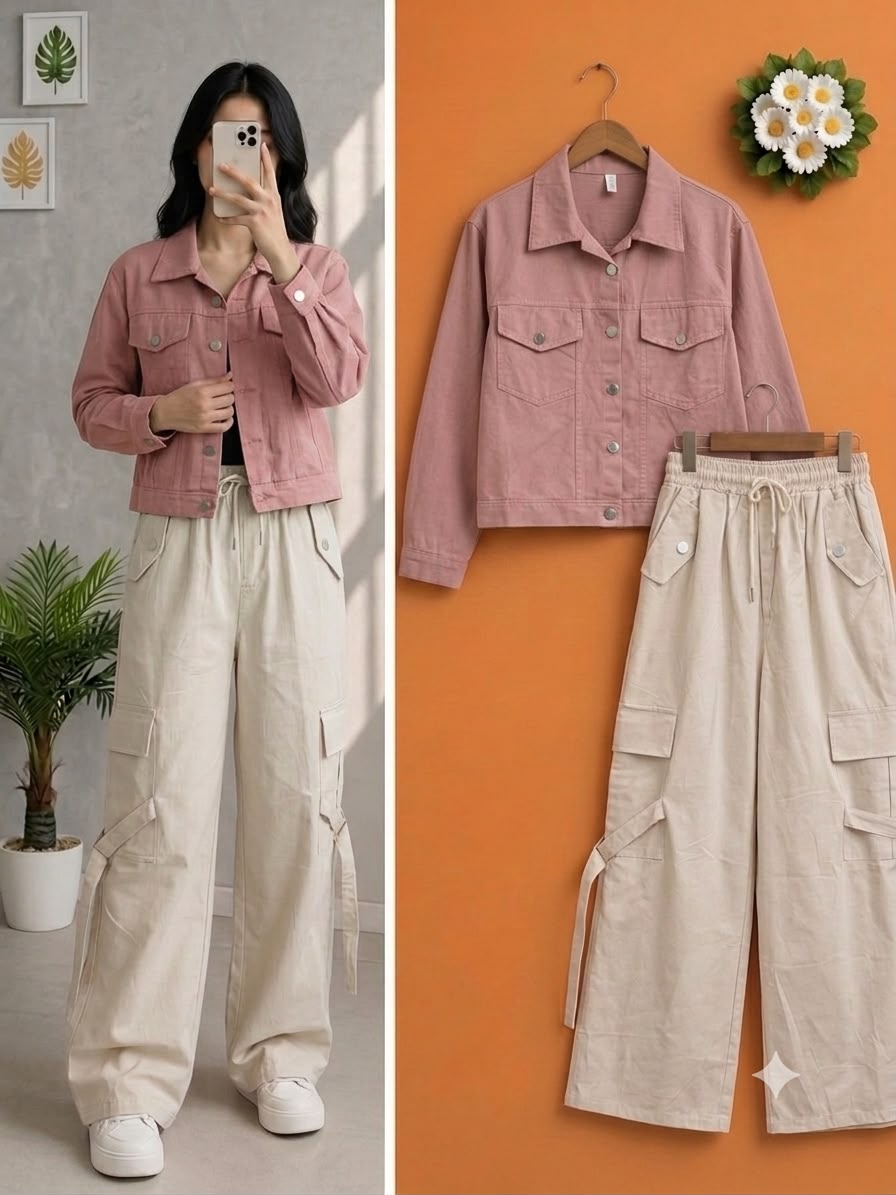Pastel Lilac Cropped Denim Jacket & White Cargo Pants Set - Image 5