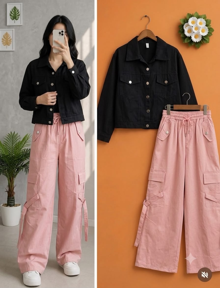 Pastel Lilac Cropped Denim Jacket & White Cargo Pants Set - Image 7