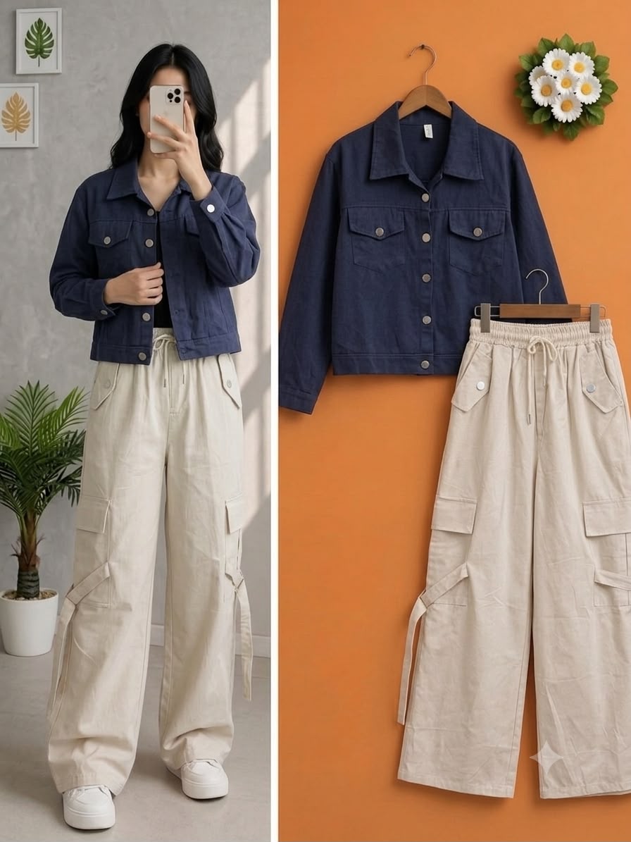 Pastel Lilac Cropped Denim Jacket & White Cargo Pants Set - Image 8