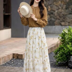Pearl-Embellished Caramel Blouse & Floral Tiered Maxi Skirt Set