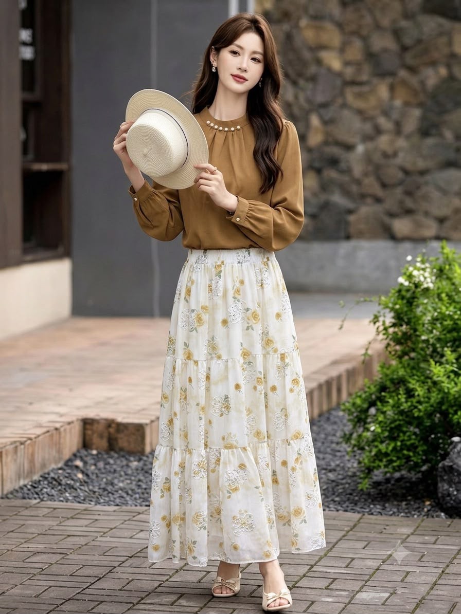 Pearl-Embellished Caramel Blouse & Floral Tiered Maxi Skirt Set