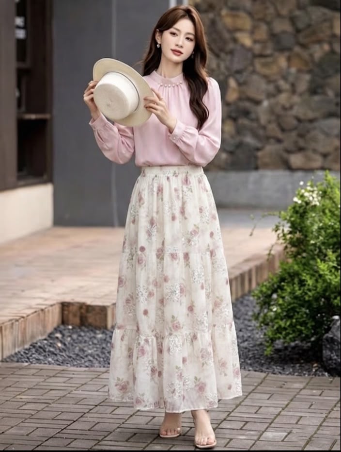 Pearl-Embellished Caramel Blouse & Floral Tiered Maxi Skirt Set - Image 7