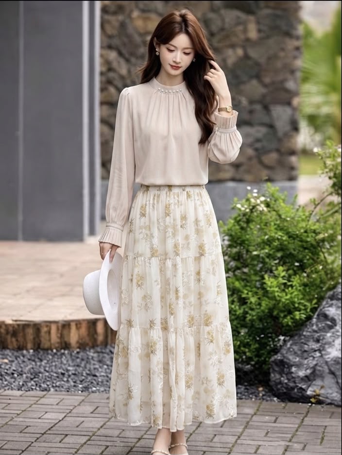 Pearl-Embellished Caramel Blouse & Floral Tiered Maxi Skirt Set - Image 6