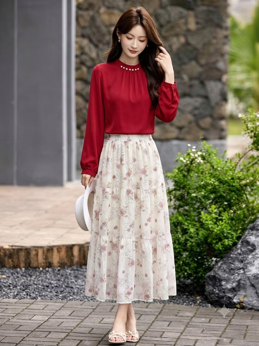 Pearl-Embellished Caramel Blouse & Floral Tiered Maxi Skirt Set - Image 5