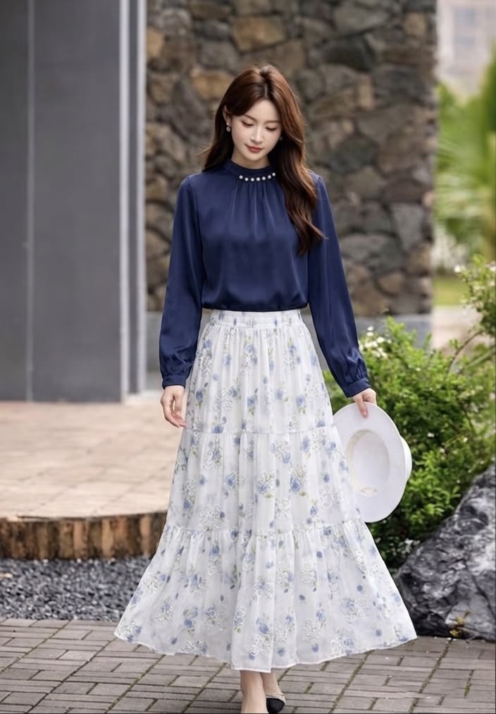 Pearl-Embellished Caramel Blouse & Floral Tiered Maxi Skirt Set - Image 4